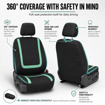 FH Group Car Seat Covers Front Set in Cloth - Car Seat Covers for Low Back Car Seats with Removable Headrest, Universal Fit, Automotive Seat Covers, Washable Car Seat Cover for SUV, Sedan, Van Mint