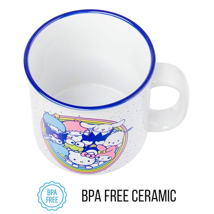 Silver Buffalo Sanrio Hello Kitty Friends Featuring Little Twin Stars, Cinnamoroll, Kuromi, Keroppi, Badtz-Maru, Pochacco, Tuxedo Sam, My Melody, Pompompurin, Chococat Ceramic Camper Mug, 20 Ounces