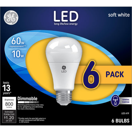 GE LED Light Bulbs, 60 Watt, Soft White, A19 (6 Pa