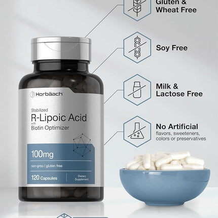 R Lipoic Acid 100mg Stabilized | 90 Capsules | Plus Biotin Optimizer | Non-GMO, Gluten Free | RALA Supplement | by Horbaach