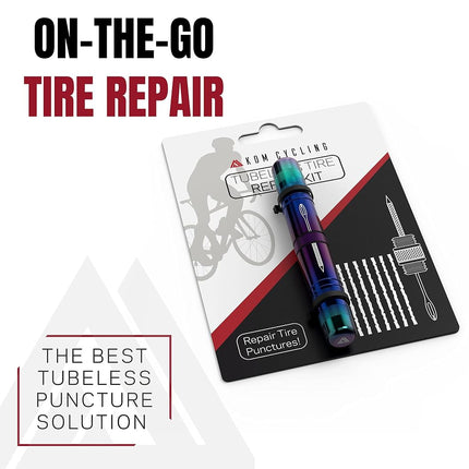 KOM Cycling Tubeless Tire Repair Kit for Bikes – 8 Colors! Fixes Mountain Bike and Road Bicycle Tire Punctures – Includes Tire Repair Fork and Reamer, 8 Bacon Strips. (Black)