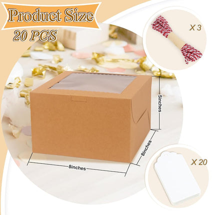 DOYIDE 20Pcs 8 Inch Cake Boxes with Window, 8x8x5 Inches White Bakery Box