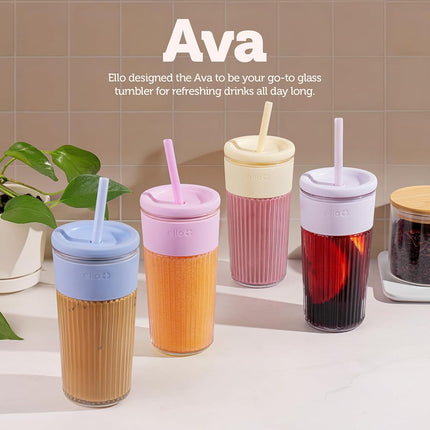 Ello Ava 18oz Glass Tumbler with Straw and Lid | Premium Ribbed Glass with Silicone Grip, Car Cup Friendly, Dishwasher Safe, BPA Free | Iced Coffee, Water, Matcha, Juice Cup | Pink Orchard