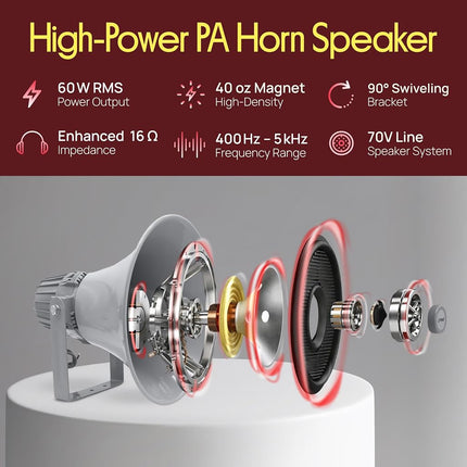 Pyle Indoor/Outdoor PA Horn Speaker – 12.7" Weather-Resistant Paging System, Commercial Audio Loudspeaker Powerful Sound & Easy Mounting 60 Watts for Schools, Shops, Warehouses & Campsites