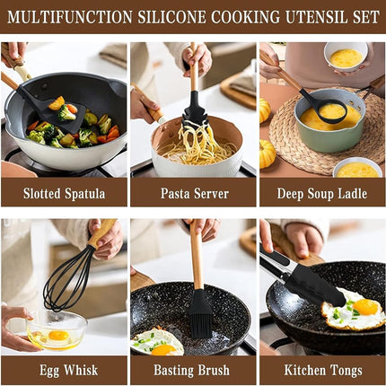 Umite Chef Kitchen Utensils Set- 34PCS Silicone Cooking Utensils with Holder, Heat Resistant Kitchen Utensil Spatula Set for Nonstick Cookware, Black Wooden Handles Kitchen Gadgets Tools Set