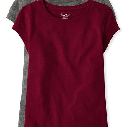 The Children's Place Girls' Everday Short Sleeve Layering T-Shirts, Rubine/Dk Gray 2-Pack, X-Small