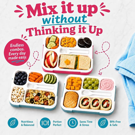 kinsho Bento Lunch Boxes in Bags for Kids | 2 Box & Bag Set for School, 6 Compartments Leakproof BPA Free, Two Blue & Pink