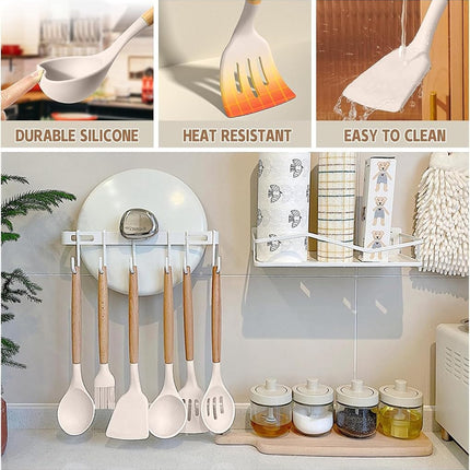 Umite Chef Cooking Utensils Set- Khaki Silicone Kitchen Utensils Set, 34PCS Heat Resistant Kitchen Gadgets Tools Set with Grater, Wooden Handle Kitchen Utensil Spatula Set for Nonstick Cookware