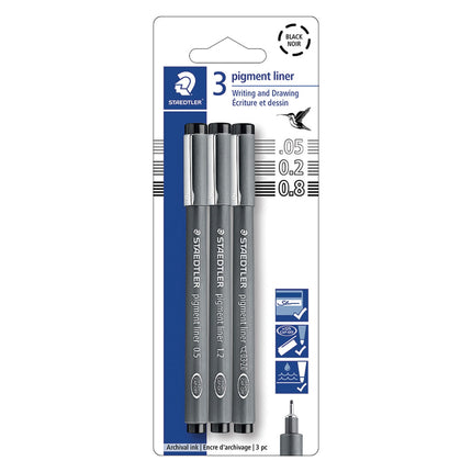 STAEDTLER Pigment Liner Pack, Black, 3 Pens, Assor