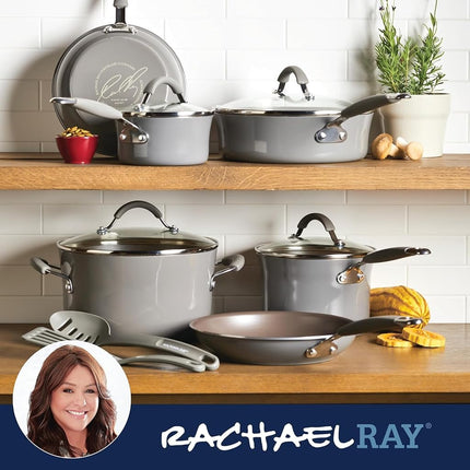 Rachael Ray - 16802 Juego de ollas y sartenes antiadherentes Rachael Ray Cucina, 12 piezas, Gris Sal Marina