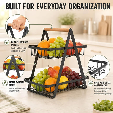 mahueeol 2 Tier Countertop Fruit Basket,Portable Fruit Bowle Basker for Kitchen Organizer Storage & Dining Room Fruits Vegetable BreadSnacks, Detachable Metal Rectangle Basket Storage