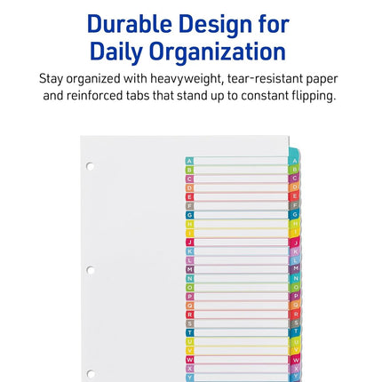 Avery A-Z 26 Tab Dividers for 3 Ring Binders, Customizable Table of Contents, Multicolor Tabs, 1 Set, 12 Packs (11844)