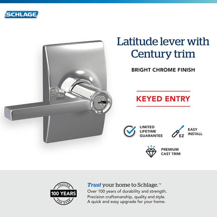 Schlage F51A LAT 625 CEN Century Collection Latitude Keyed Entry Lever, Bright Chrome