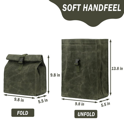 Durable Waxed Canvas Lunch Bags Eco-Friendly Reusable Lunch Box with Adjustable Buckle for Men, Women, Kids, Green, Soft Handfeel