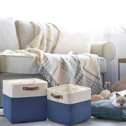 Patvingot Fabric Storage Cubes with PU Handles(White/Blue, 33cm-4Pack)