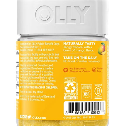 OLLY Probiotic Gummy, 25 Day Supply (50 Gummies), Tropical Mango, Probiotics, Live Cultures, Chewable Supplement