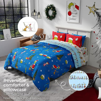Franco The Grinch by Dr. Seuss Holiday Bedding Super Soft Comforter and Sheet Set with Sham, 7 Piece Queen Size by