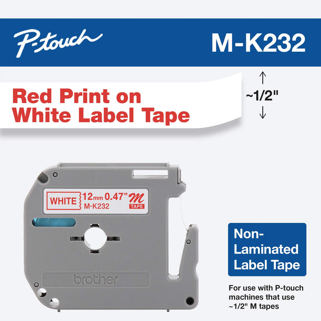 Brother M-K222BZ Labelling Tape Cassette, Red on White, 12 mm (W) x 8 m (L), Brother Genuine Supplies