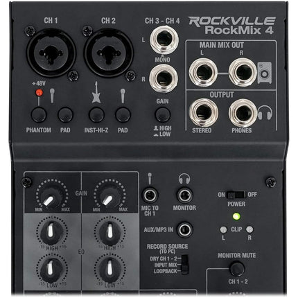 Rockville RockMix 4 4-Channel Mixer with USB Interface, 2-Band EQ, Phantom Power, Loopback Switch, Compact Design, for Recording and Streaming