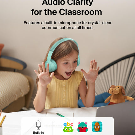 Belkin SoundForm Mini - Wireless Bluetooth Headphones for Kids with 30H Battery Life, 85dB Safe Volume Limit, Built-in Microphone - Kids On-Ear Earphones for iPhone, iPad, & More - Mint w/Case