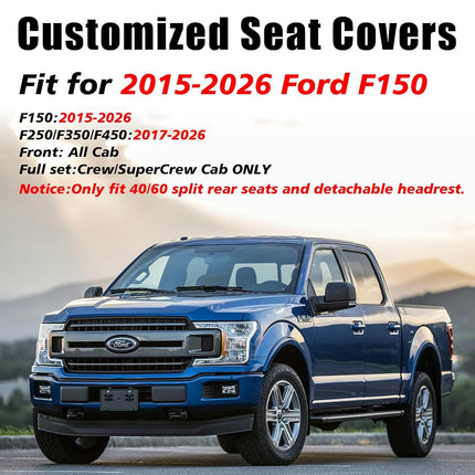 Coverado Leather Ford F150 Seat Covers Full Set, Automotive Seat Covers for Pick-up Truck, Waterproof Cushion Cover for 2015-2025 F150 and 2017-2025 F250 F350 F450 (Blue line)