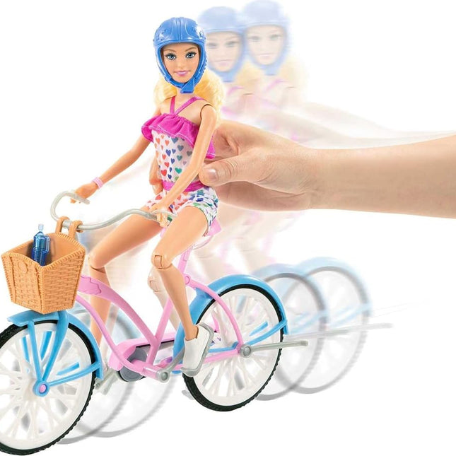 Barbie Doll and Bike Playset with Doll (11.5 in, Blonde), Bicycle with Rolling Wheels & Water Bottle Accessory, Gift for 3 to 7 Year Olds,Blue,pink,white