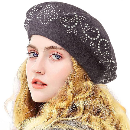 LADYBRO Sombreros Boina de Diamantes de Imitación para Mujer 2 Capas de Lana Gorro Tejido Francés Señora Invierno Negro, Gris, Talla Única