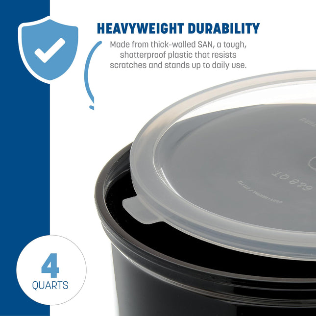Carlisle 030403 Solid Color Commercial Round Storage with Lid, 4 Quart Capacity, Black (Pack of 6)