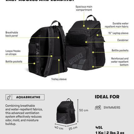 Arena One Go Backpack Swimmers Athletes Sports Gym Rucksack Multisport Daypack Large Size Training Gear Equipment Swim Bag for Men and Women, 45 Liters, Snakeskin Print Green