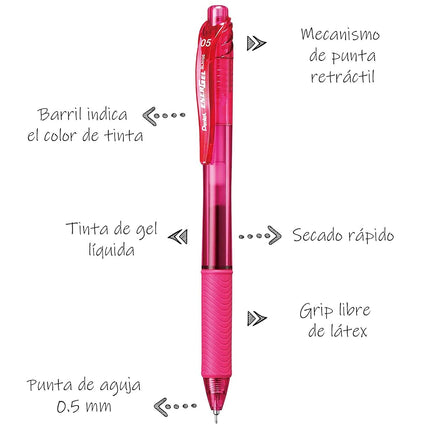 Pentel EnerGel-X Retractable Liquid Gel Pen (0.5mm) Needle Tip, Fine Line, Pink Ink, Box of 12 (BLN105-P)