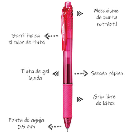 Pentel EnerGel-X Retractable Liquid Gel Pen (0.5mm) Needle Tip, Fine Line, Pink Ink, Box of 12 (BLN105-P)