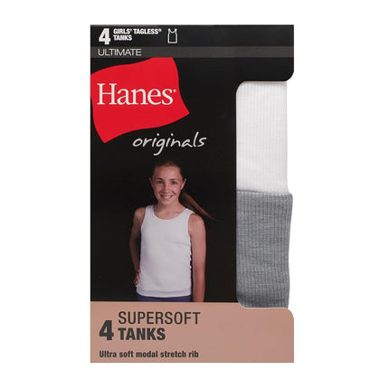 Hanes Girl's Originals Tank Pack, Supersoft Tank Top for Girls, Modal Stretch Rib Tanks, 4-Pack, White/Grey/Mint/Pink 4-Pack, Large