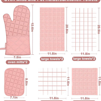 Oven Mitts Pot Holders Sets/Kitchen Towels and Dishcloths, Oven Gloves Kitchen Dish Towels 500 Degree Heat Resistant Potholders with Non-Slip Silicone Surface for Cooking, Grilling, Baking-Pink