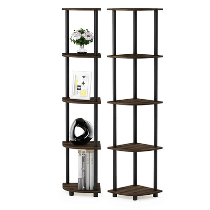 Furinno TURN-N-TUBE Corner Shelf Set of 2, 5-Tier Corner Bookshelf, Open Storage Shelves, for Organization and Storage, Living Room, Home Office, Garage, Columbia Walnut