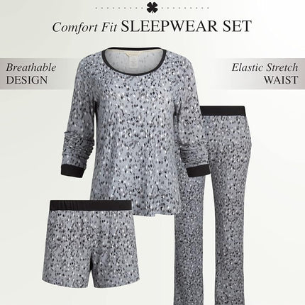 Pijama de mujer Lucky Brand para mujer - Set de pijama de 3 piezas: camiseta de dormir de manga larga, pantalón de pijama, pantalón corto de salón (S-XL), estampado geométrico de serpiente de diamante, L