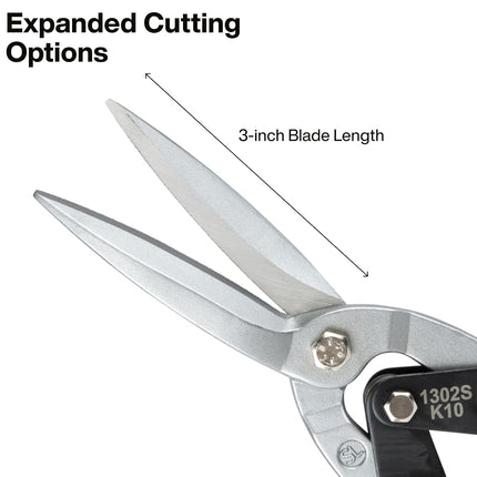 Klein Tools 1302S Aviation Tin Snips, Straight, Long Cut, Heavy Duty Metal Cutting Shears with Forged Steel Blade