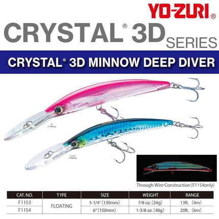 Yo-Zuri Crystal 3D Minnow Deep Diver Lure, Blue Silver, 6-Inch