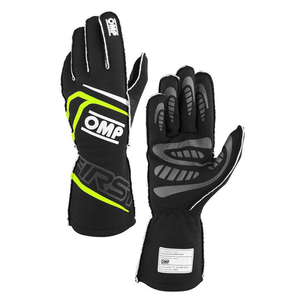 Guantes de Conducción OMP Racing, First, Aprobados por la FIA, Una Sola Capa, Tejido Ignífugo, Negro/Amarillo Fluorescente, Pequeños, Par