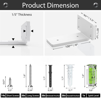 Heavy Duty Shelf Brackets 4 Inch (1/5") Thick, 6 Pack Floating Hidden Brackets, Rustic Industrial with Modern Iron Finish (White)