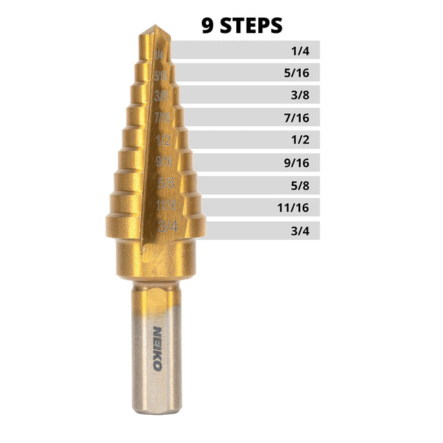 NEIKO 10184A Titanium Step Drill Bit, High-Speed Alloy-Steel Bit, Hole Expander for Wood and Metal, 9 Step Sizes from 1/4 Inch to 3/4 Inch