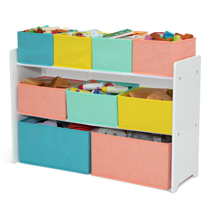 Organizador de juguetes de lujo con varios compartimentos y contenedores de almacenamiento de Delta Children, con certificación Greenguard Gold, blanco con contenedores azules/naranjas/en tonos pastel