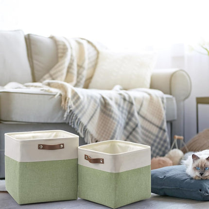 Patvingot Fabric Storage Cubes with PU Handles(White/Green, 28cm-6Pack)