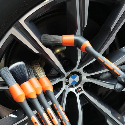 SPTA Car Detailing Brush Set, 5 Pack Soft Boar Hair Auto Detail Brush Kit with Elbow for Automotive Elegant Surface Interior Exterior Dashboard Emblems Panels Engine Bay Wheels Air Vent Seat Leather