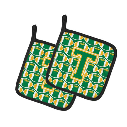 Caroline's Treasures Letter T Football Green and Gold Pair of Pot Holders CJ1069-TPTHD, Fabric