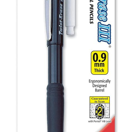 Pentel Twist-Erase III Automatic Pencil with 1 Eraser Refill, 0.9mm, Assorted Barrels, 1 Pack (QE519BP-K6)