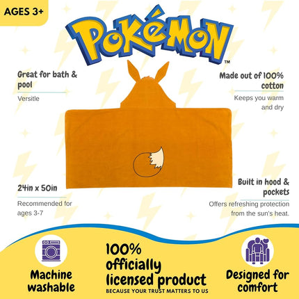 Pokemon Eevee Kids Super Soft Bath/Pool/Beach Soft Cotton Terry Hooded Towel Wrap, 24" x 50", (Officially Licensed Product) By Franco
