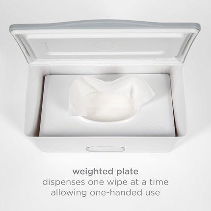 Dispensador de toallitas de bebé Ubbi, estuche para toallitas de bebé, soporte para toallitas de bebé con placa ponderada, mantiene las toallitas frescas y tiene patas de goma antideslizantes, gris