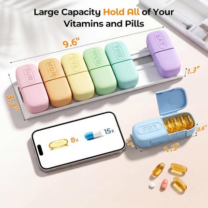 Daviky Magnetic Pill Organizer 2 Times a Day, Weekly AM PM Pill Case, Pill Box 7 Day with Magnets and Stand, Large Medicine Organizer for Medication, Vitamins and Supplements, Macaron
