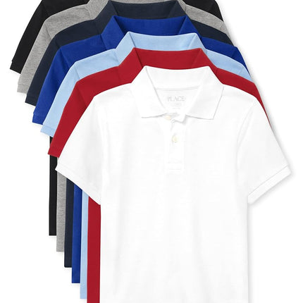 The Children's Place Polo piqué à manches courtes pour garçons, lot de 7, rouge/nautique/blanc/brooks/bleu/noir/gris chiné, grande taille