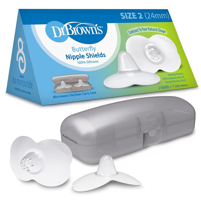 Dr. Brown's Butterfly Breastfeeding Nipple Shields for Protecting Sore, Flat or Inverted Nipples, Essential for Latching Difficulties with Microwave Sterilizer Carrying Case, 24mm